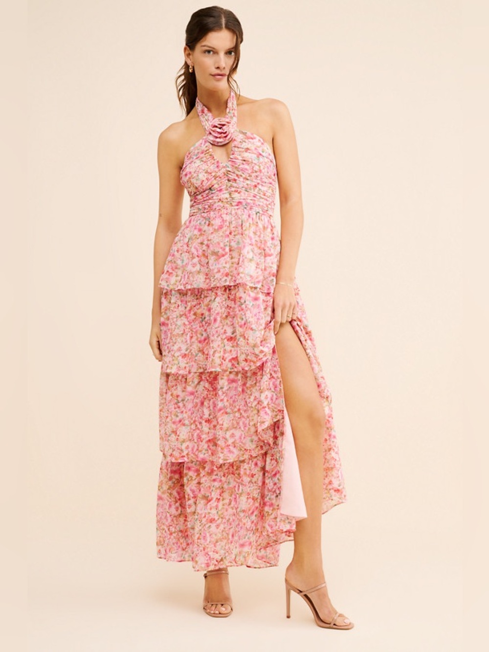 Astr Brinley Maxi Dress - Pink Floral Tiered Halter w/ Rosette
